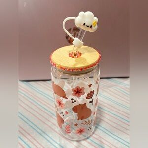 Cute Bear and Floral Glass Tumbler with Straw